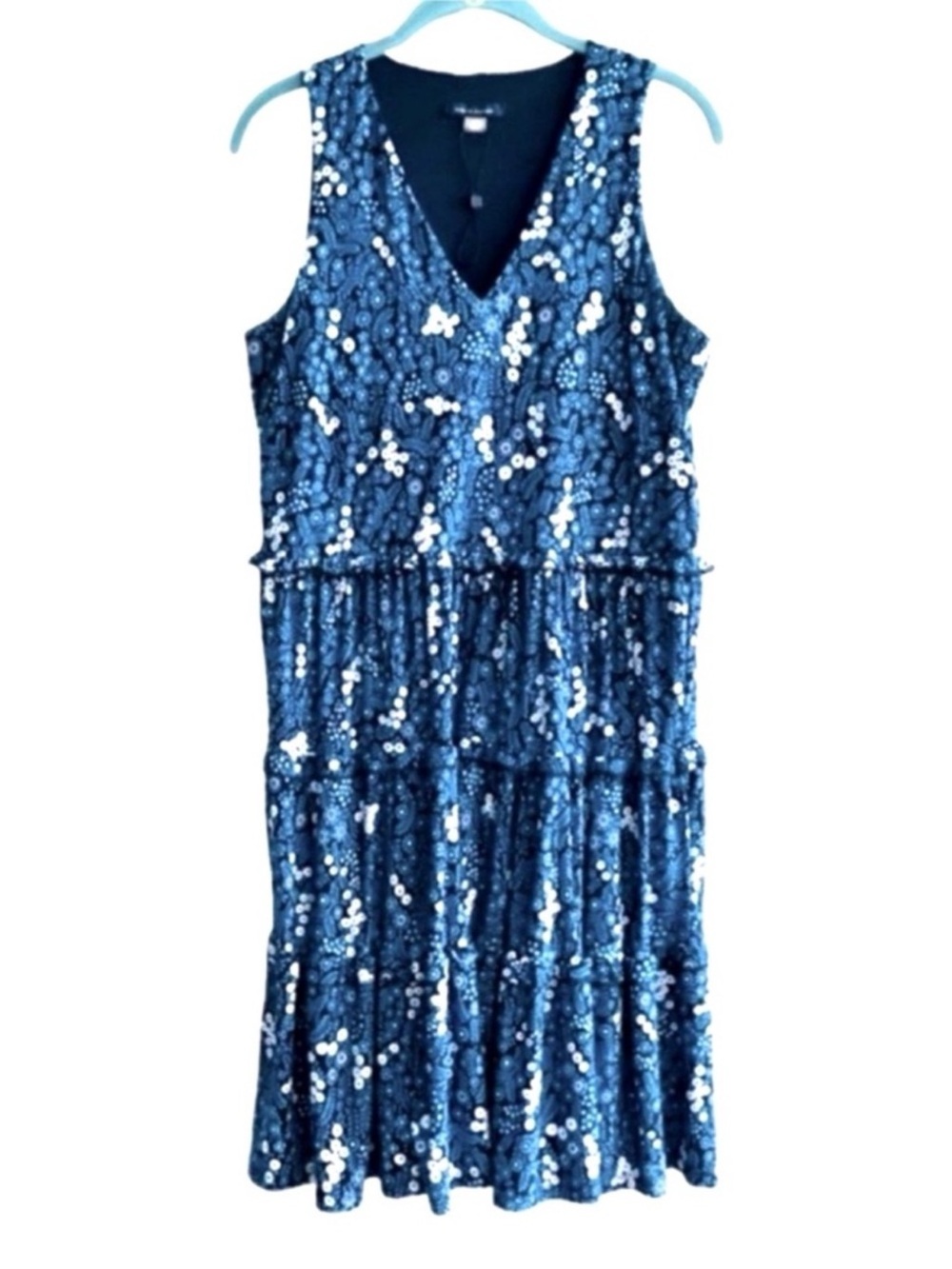 Tommy Hilfiger Sleeveless Dress Tiered V-neck Shift Ditsy Floral Blue Size 6